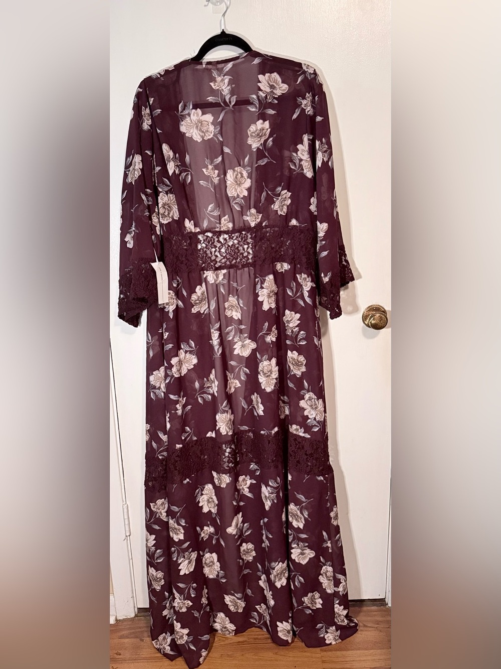 Sheer Floral Lace-Trim Duster / Swimsuit Coverup